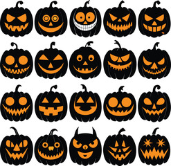 A Collection of Spooky and Happy Halloween Jack-o'-Lantern Faces