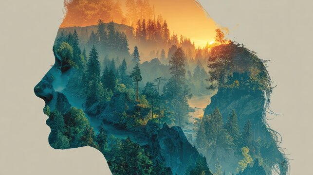 Woman's profile, a double exposure of a landscape within her head