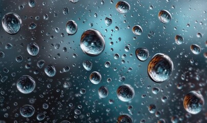 Water droplets on glass, reflecting a blurred background