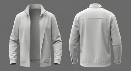 Photorealistic 3D Mockup of a Mens White Casual Jacket, Front and Back Views.