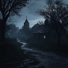 Dark Village Church Night Path.