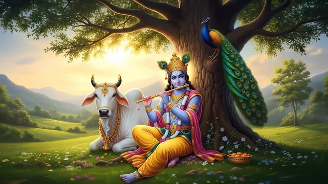 Krishna playing flute tree with cow and peacock, vibrant traditional Indian art, peaceful rural landscape, spiritual and joyful atmosphere, colorful attire, divine scene, serene nature, jewelry