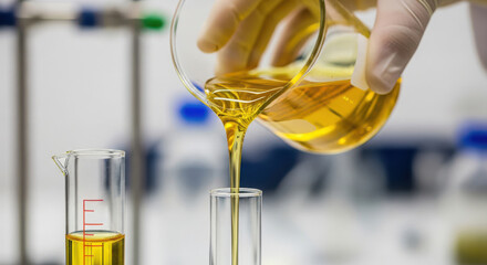 Scientist pouring yellow liquid from beaker into test tube in laboratory
