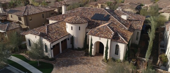 Fototapeta premium Mediterranean-style house with terracotta tile roof, aerial view