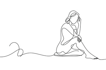 Single line drawing of a woman sitting in contemplation