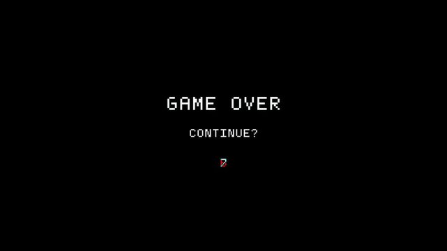 Classic arcade retro pixel game over text animation with glitch VHS effect on transparent background - Powered by Adobe
