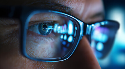 Close-up of eye with glasses reflecting digital screen. 
