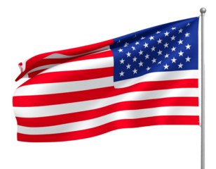 A - Waving American Flag on Flagpole, Front View, Transparent Background.