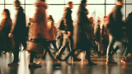 Blurred People Walking in Warm Toned Urban Space, motion blur Business concept, motion bokeh background