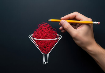 Hand drawing a funnel filled with red berries on a blackboard
