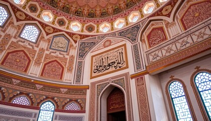 Obraz premium Majestic Mosque Interior: A Symphony of Colors and Calligraphy
