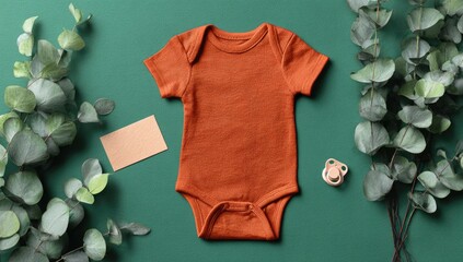 Baby bodysuit, green background, eucalyptus leaves, card, pacifier