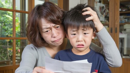 A Japanese mother and a son are looking at the bill: she has drawn up for an overly priced electricity bill and other utilities. Distressed