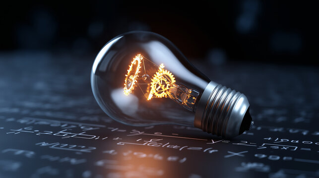 Glowing light bulb lying on surface with mathematical formulas. 
 - Powered by Adobe