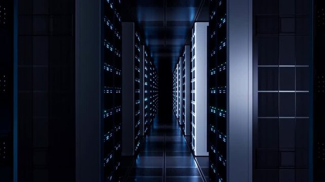 Network servers blinking in a dark server room