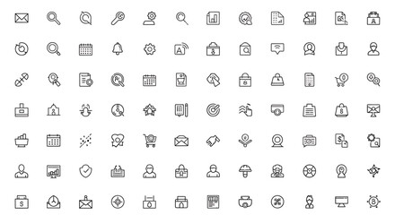 A comprehensive set of minimalist black and white thin line icons for web and mobile user interface design.
