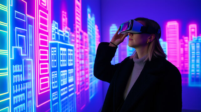 Woman using VR headset in neon virtual city. 
