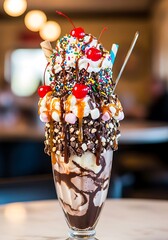 Naklejka premium Extravagant Sundae Delight A Towering Dessert Fantasy with Cherries Sprinkles and Creamy Layers for the Ultimate Sweet Treat