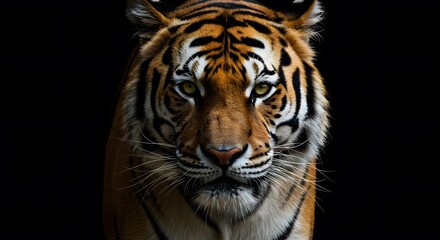 Fototapeta premium Closeup of a tigers face focusing on its intense gaze orange and black stripes and white whiskers against a dark background