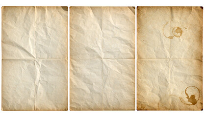 Set of Vintage Aged Wrinkled Papers with Coffee Stains Isolated on Transparent Background