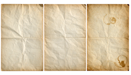 Set of Vintage Aged Wrinkled Papers with Coffee Stains Isolated on Transparent Background