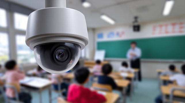 Security camera monitoring classroom with students. 
