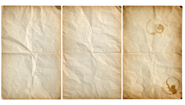Set of Vintage Aged Wrinkled Papers with Coffee Stains Isolated on Transparent Background
