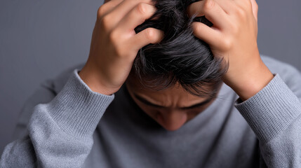 Fototapeta premium Person holding head in hands showing stress and frustration. 