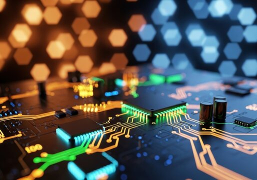 Futuristic Electronic Circuit Board with Glowing Lights in Technology Environment