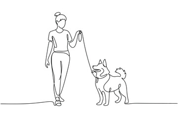 Person walking a dog on a leash in a continuous line drawing style © AFAZ