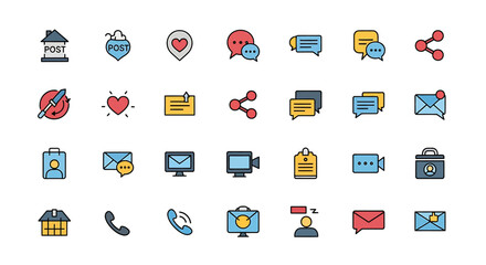 Fototapeta premium Set of colorful social media and communication icons in a modern outline style.