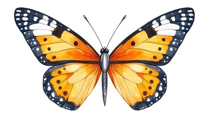 Fototapeta premium Beautiful symmetrical monarch butterfly illustration art. Orange insect with vibrant wings and delicate pattern. Wildlife specimen, detailed nature macro, colorful design, perfect for naturalist,