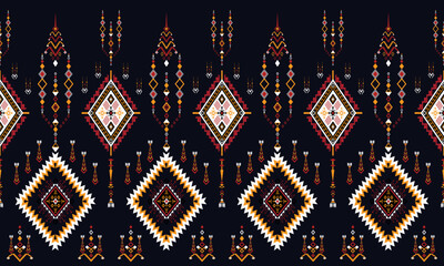 Seamless tribal geometric pattern in navy, gold, and ivory tones with diamond motifs. Ideal for textile prints, bohemian fashion, ethnic wallpaper, and cultural design projects.