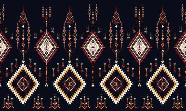 Seamless tribal geometric pattern in navy, gold, and ivory tones with diamond motifs. Ideal for textile prints, bohemian fashion, ethnic wallpaper, and cultural design projects.