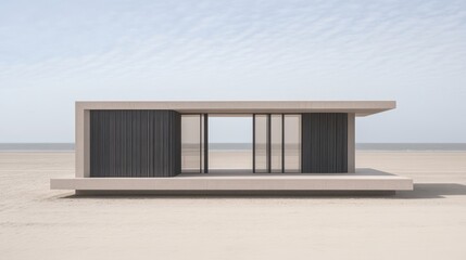 Minimalist beach house on remote sands, a modern architectural marvel in a serene landscape setting