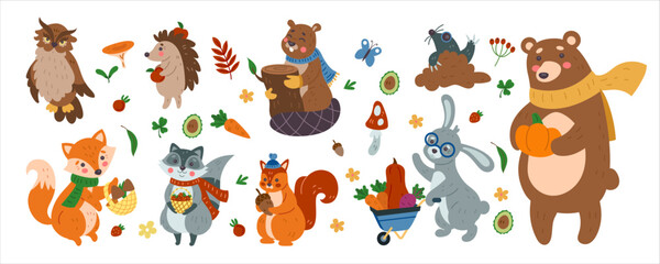 Obraz premium Autumn animals. Fall forest. Bear hold pumpkin, cute fox, funny rabbit, squirrel and hedgehog with harvest. Cute mushroom and leaf. Woodland celebration scrapbook. Vector cartoon tidy isolated set