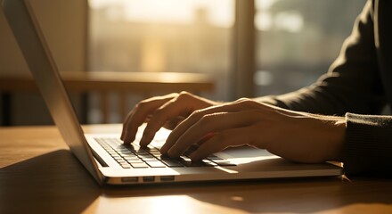 Close up of a business man working on a laptop, typing with his hands for work in office environment home office.