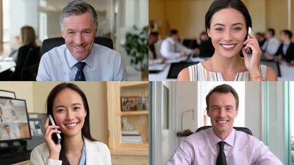 Work Communication: Capture the essence of modern business with a diverse group of professionals, each engrossed in a mobile phone conversation. - Powered by Adobe