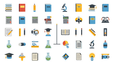 Fototapeta premium Colorful Flat Icon Set of School University and Science Laboratory Subjects.