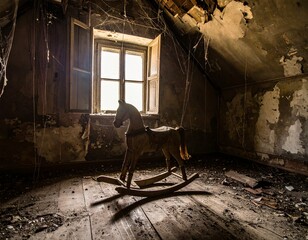 Eerie abandoned rocking horse in dusty attic, bathed in haunting window light, evoking nostalgia and mystery.