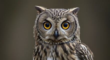 Closeup of an owl with yellow eyes The owls feathers are brown and beige