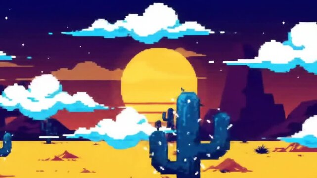 Pixelated desert landscape with cactus