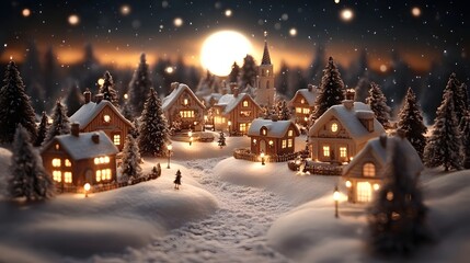 Snowy winter village under the moonlight with warm lights illuminating cozy homes and trees during the holiday season