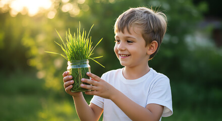 boy holding plants