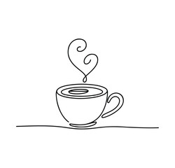 One Line Art of Hot Beverage with Heart Steam – Cozy Coffee and Tea Concept