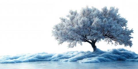 A solitary winter tree covered in frost and ice stands majestically amidst a snowy landscape isolated on transparent background