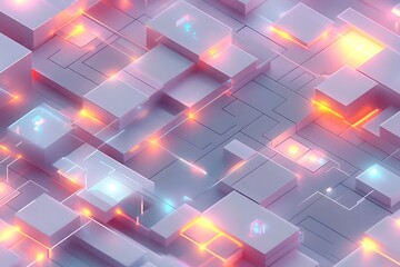 Abstract digital technology background with glowing neon lines and geometric shapes, representing data flow and connectivity