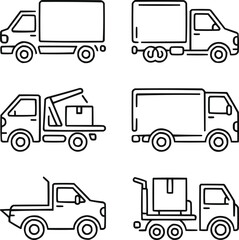 Fototapeta premium Utility and Delivery Truck Outline Icons Cargo, Box Truck, Tow, and Moving Van
