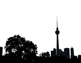 Silhouette of city with trees and cloudy sky view