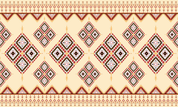 Seamless tribal geometric pattern in navy, gold, and ivory tones with diamond motifs. Ideal for textile prints, bohemian fashion, ethnic wallpaper, and cultural design projects.